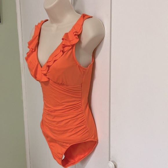 LAUREN RALPH LAUREN Orange Slimming Swimsuit  One Piece Ruffle Womens Size 6 - Picture 3 of 15